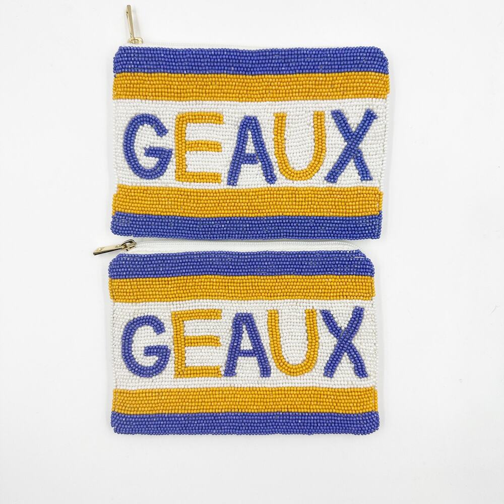 LSU GEAUX Tigers Beaded Coin Purse HARPER Privacy Pouch Purple Gold White NEW